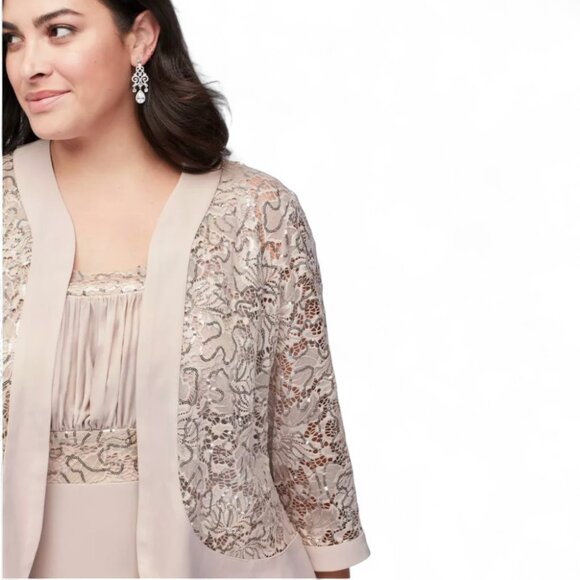 RM Richards Beige Champagne Two-Piece Set with Jacket & Ruched Bodice Dress, 18 - Picture 3 of 15